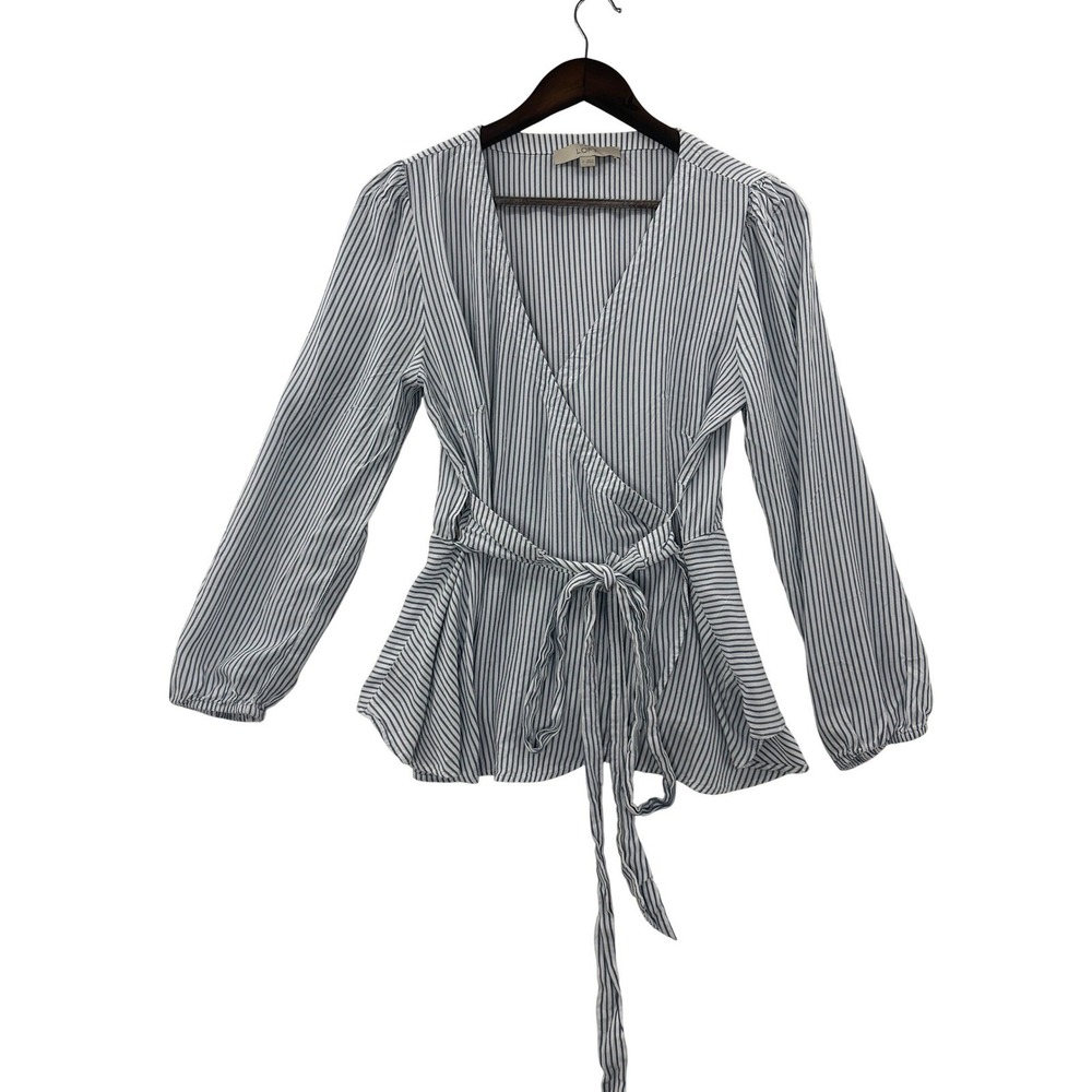 LOFT Wrap Blouse Womens Medium Blue White‎ Striped Peplum V-Neck Snap
